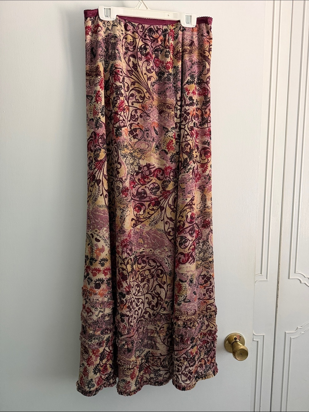 Vintage J. Jill Paisley Floral Maxi Skirt in Cream & Burgundy w/Elastic Waist